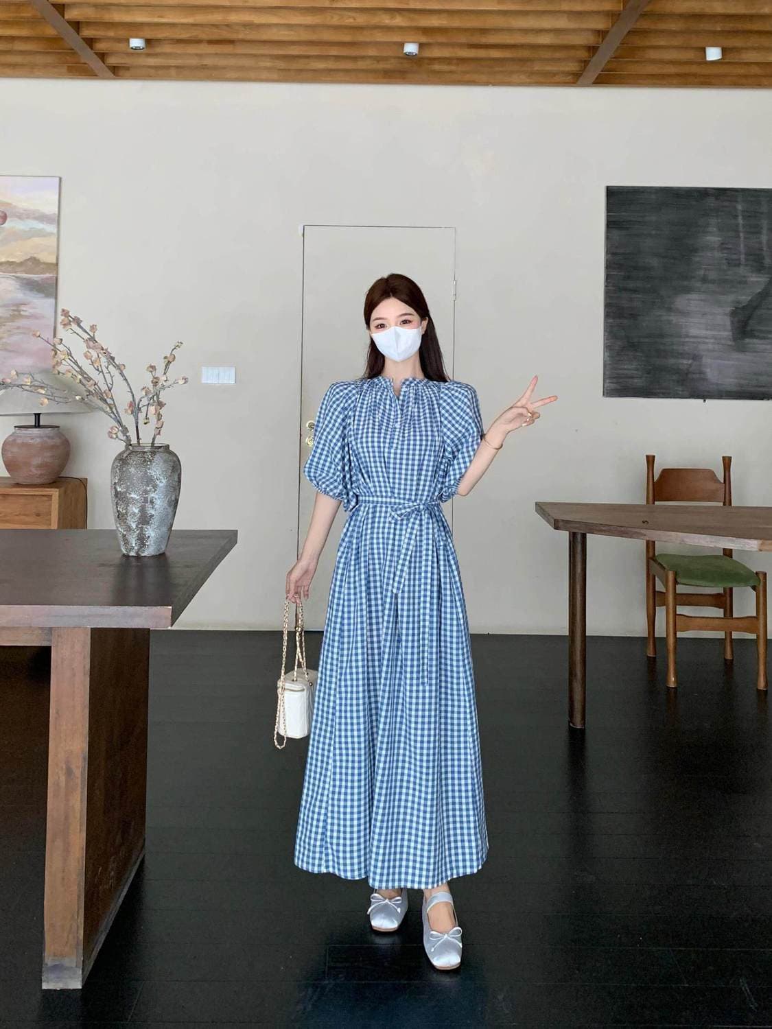 여름 아름다운 작은 치마 고유 한 아름다운 수준 센스 빅 사이즈 파란색 체크무늬 거품 소매 여성 드레스 상세 이미지 15