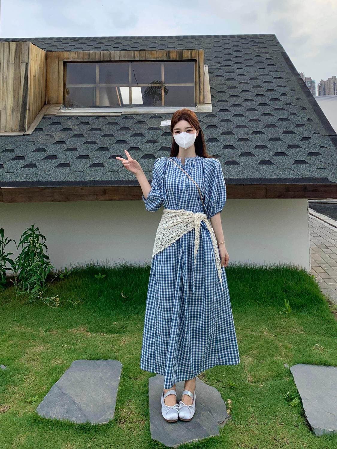 여름 아름다운 작은 치마 고유 한 아름다운 수준 센스 빅 사이즈 파란색 체크무늬 거품 소매 여성 드레스 상세 이미지 16