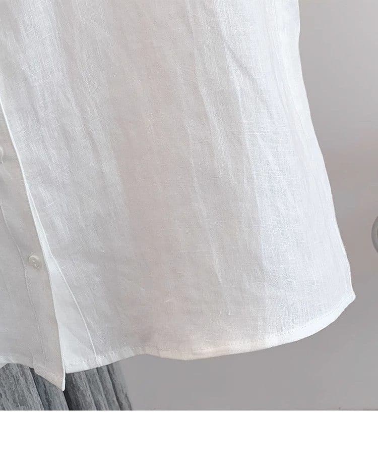 고급 센스 면 린넨 폴로 칼라 반팔 여성 셔츠 2025 여름 얇은 스타일 고유 한 아름다운 연령 감소 면 린넨 작은 셔츠 맨위 상세 이미지 14