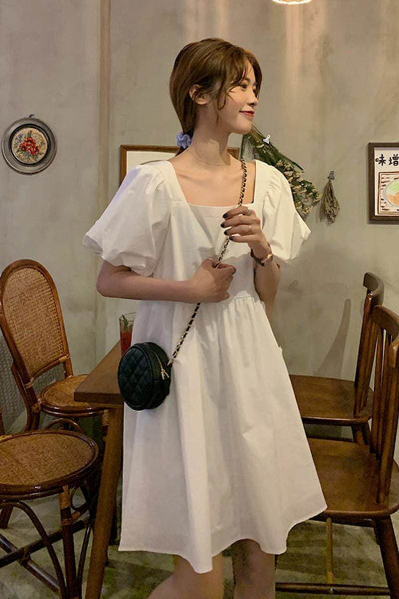 2026 새로운 새로운 와인 레드 차가운 실크 코튼 루즈핏 반팔 광장 칼라 여성 드레스 인터넷 유명인 외국 가스 치마 상세 이미지 5