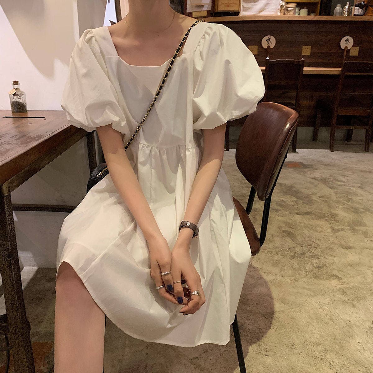 2026 새로운 새로운 와인 레드 차가운 실크 코튼 루즈핏 반팔 광장 칼라 여성 드레스 인터넷 유명인 외국 가스 치마 상세 이미지 7