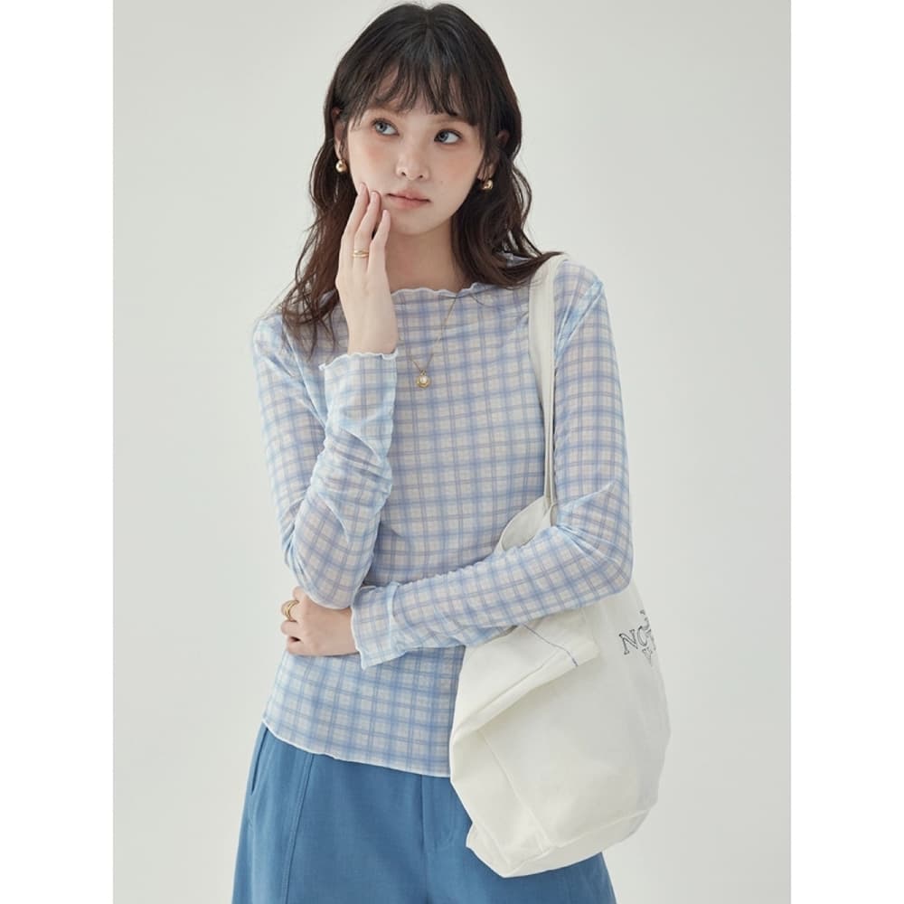 북섬 amuu 블루 그리드 레이스 얇은 스타일 긴팔 티셔츠 여성 25 가을 새로운 몸매 가꾸기 인사이드 잡아라. 의류 이미지 4
