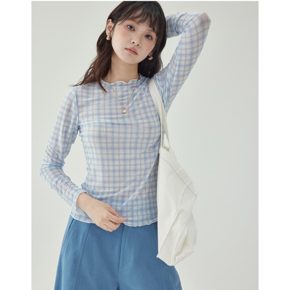 북섬 amuu 블루 그리드 레이스 얇은 스타일 긴팔 티셔츠 여성 25 가을 새로운 몸매 가꾸기 인사이드 잡아라. 의류 상세 이미지 4