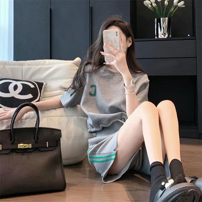 모방 면 물고기 규모 200그램 캐주얼 패션 세트 여성 여름 새로운 루즈핏 반팔 운동 반바지 투피스 세트 상세 이미지 5
