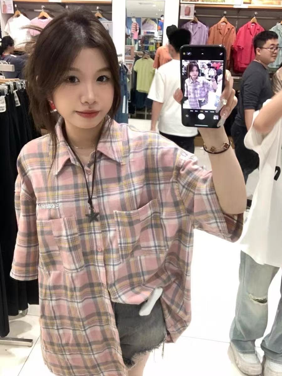 2026 봄 여름 레트로 배색 체크무늬 반팔 여성 셔츠 재킷 루즈핏 oversize 커플 다용도 셔츠 상세 이미지 3