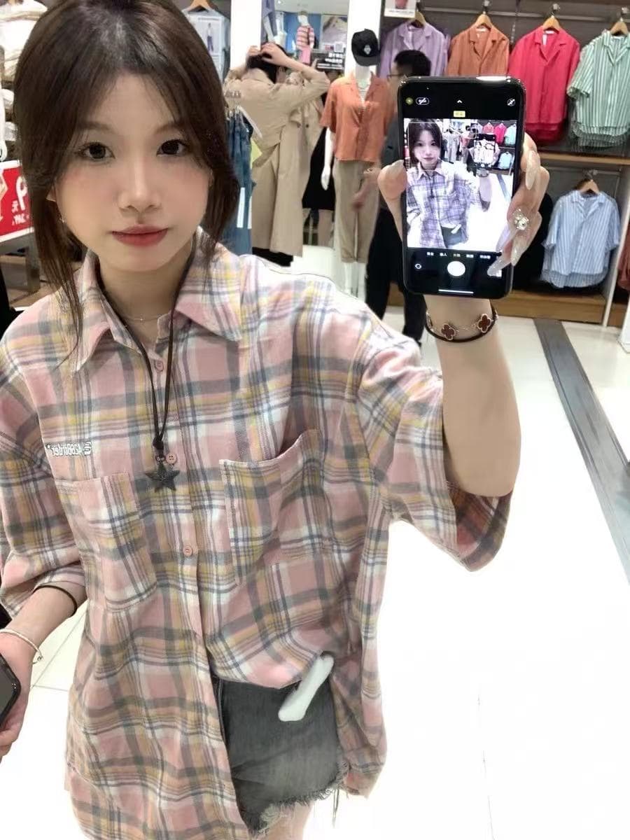 2026 봄 여름 레트로 배색 체크무늬 반팔 여성 셔츠 재킷 루즈핏 oversize 커플 다용도 셔츠 상세 이미지 10