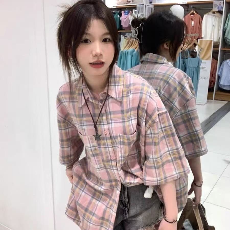 2026 봄 여름 레트로 배색 체크무늬 반팔 여성 셔츠 재킷 루즈핏 oversize 커플 다용도 셔츠 상세 이미지 11