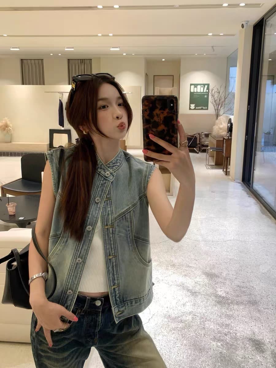한국 스타일 패션 데님 조끼 여자 세련된 외국 가스 봄 가을 새로운 다용도 어깨 조끼 조끼 외출용 맨위 상세 이미지 7