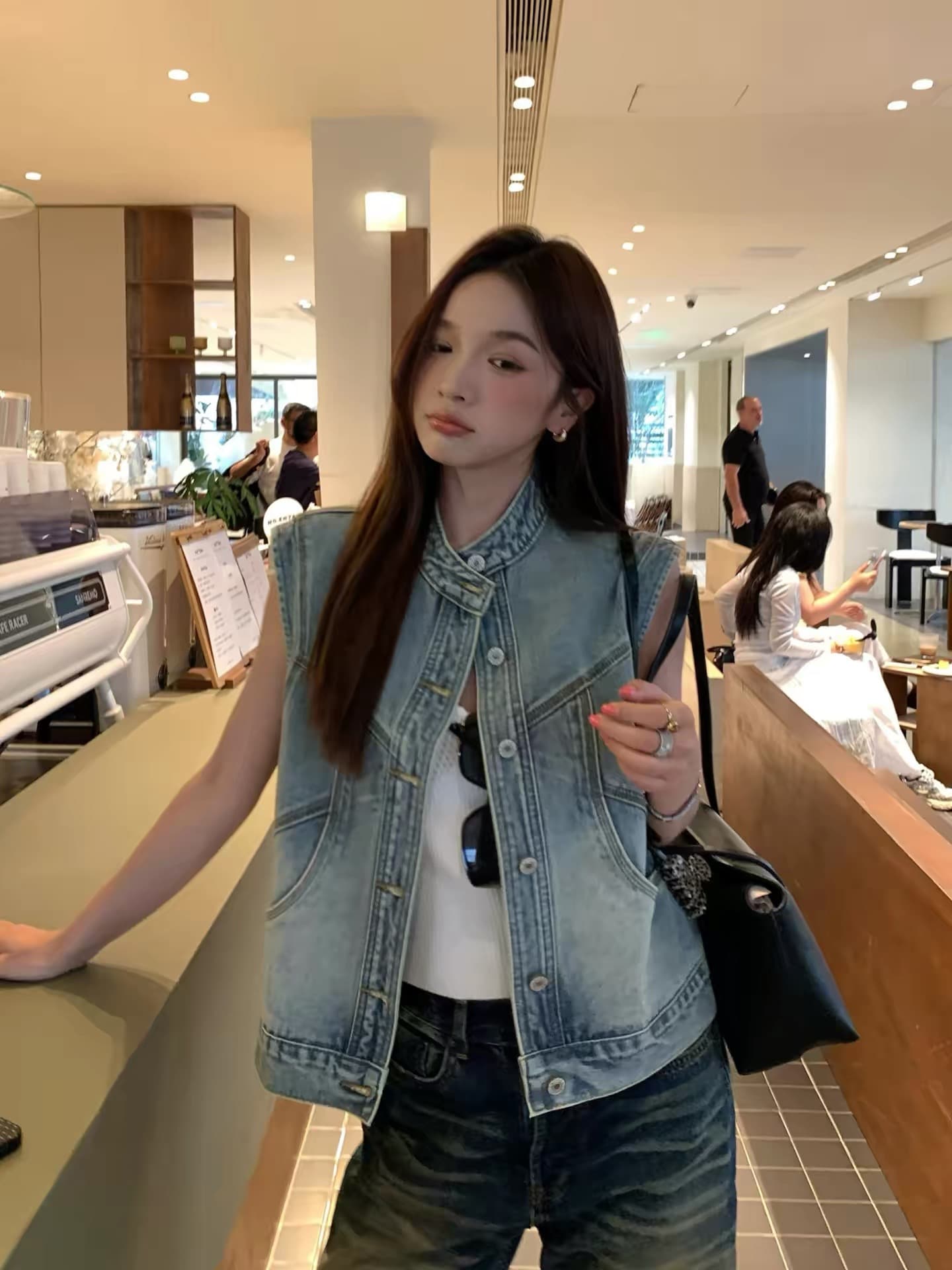 한국 스타일 패션 데님 조끼 여자 세련된 외국 가스 봄 가을 새로운 다용도 어깨 조끼 조끼 외출용 맨위 상세 이미지 11