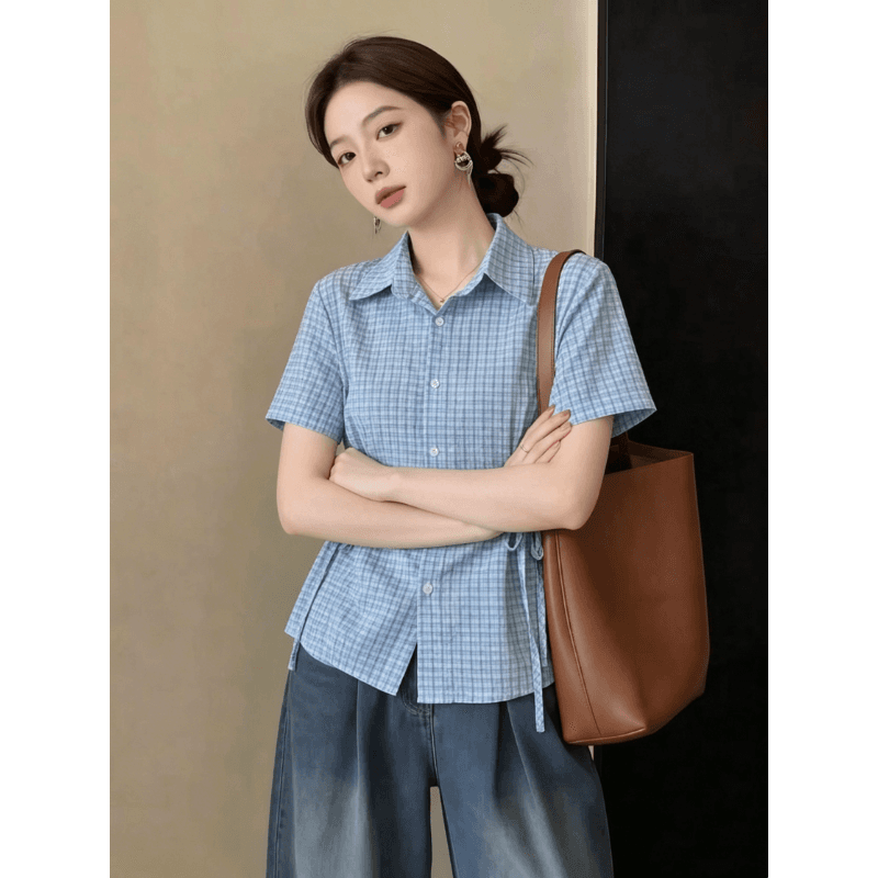 소금 부서 격자 무늬 셔츠 여성용 짧은 소매 여름 새로운 한 부서 디자인 센스 스트랩 허리 수축 품격 슬림해 보이는 셔츠 상세 이미지 5