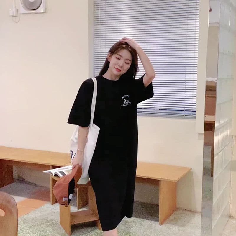 부주의 한 게으른 바람 롱 코트 롱 스커트 티셔츠 드레스 여름 한 스타일 새로운 여성 슬림해 보이는 트임 반팔 이미지 2