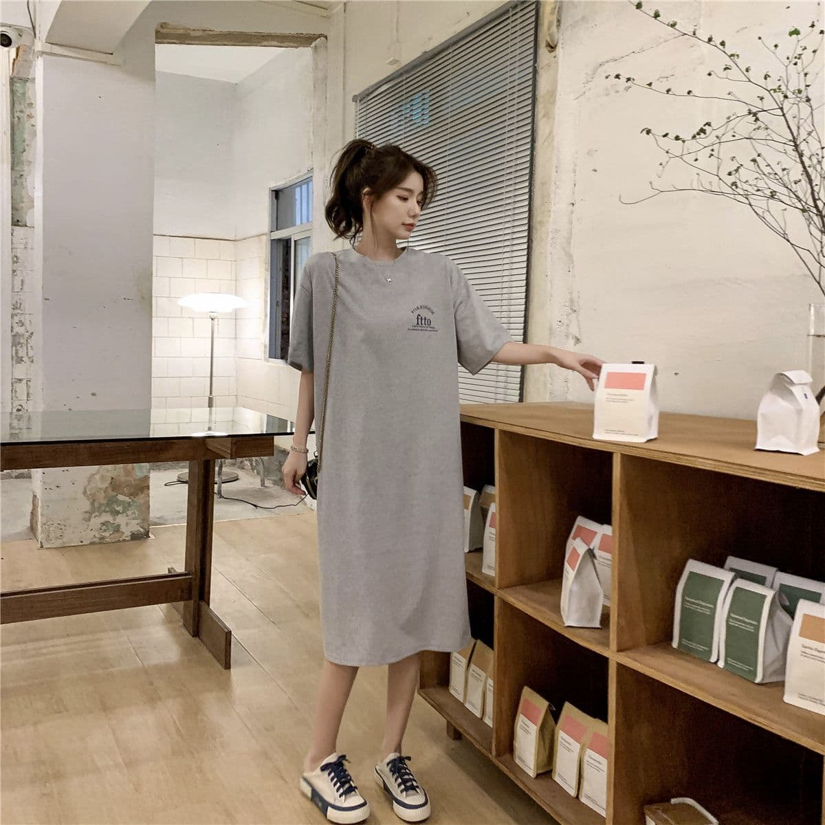부주의 한 게으른 바람 롱 코트 롱 스커트 티셔츠 드레스 여름 한 스타일 새로운 여성 슬림해 보이는 트임 반팔 상세 이미지 6