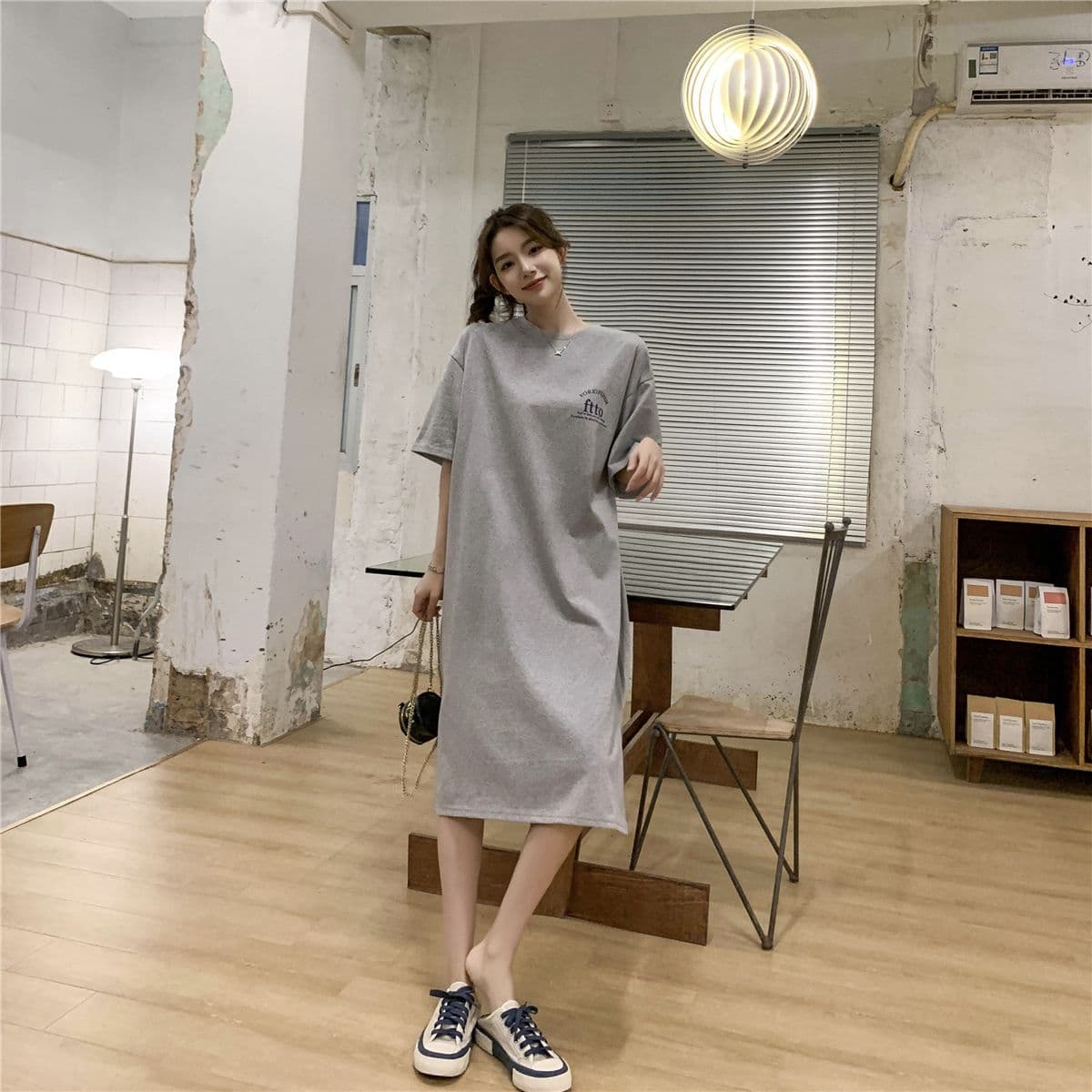 부주의 한 게으른 바람 롱 코트 롱 스커트 티셔츠 드레스 여름 한 스타일 새로운 여성 슬림해 보이는 트임 반팔 상세 이미지 7