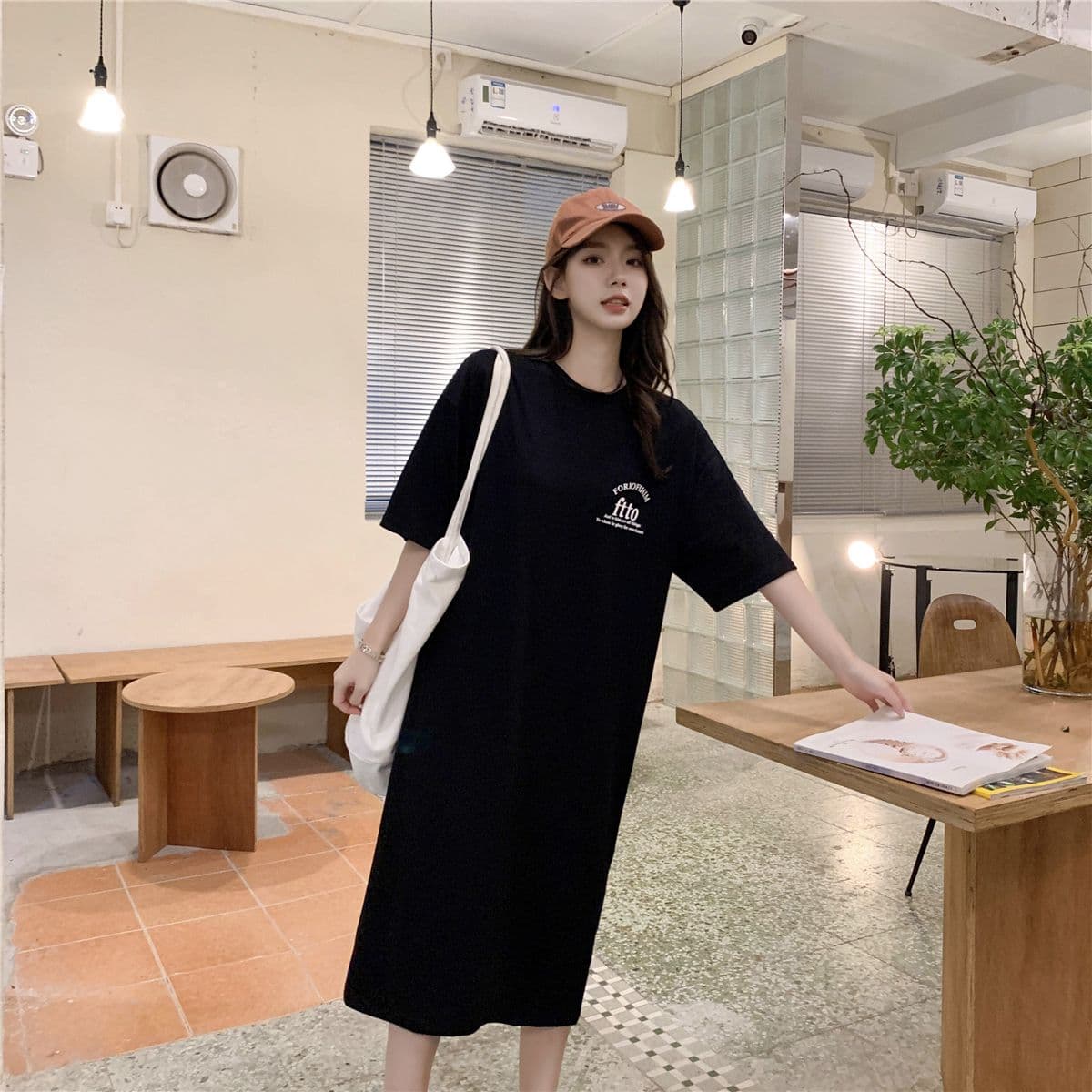 부주의 한 게으른 바람 롱 코트 롱 스커트 티셔츠 드레스 여름 한 스타일 새로운 여성 슬림해 보이는 트임 반팔 상세 이미지 19