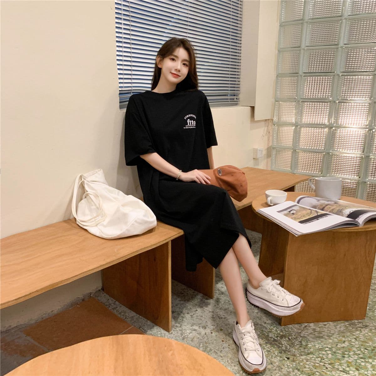 부주의 한 게으른 바람 롱 코트 롱 스커트 티셔츠 드레스 여름 한 스타일 새로운 여성 슬림해 보이는 트임 반팔 상세 이미지 20