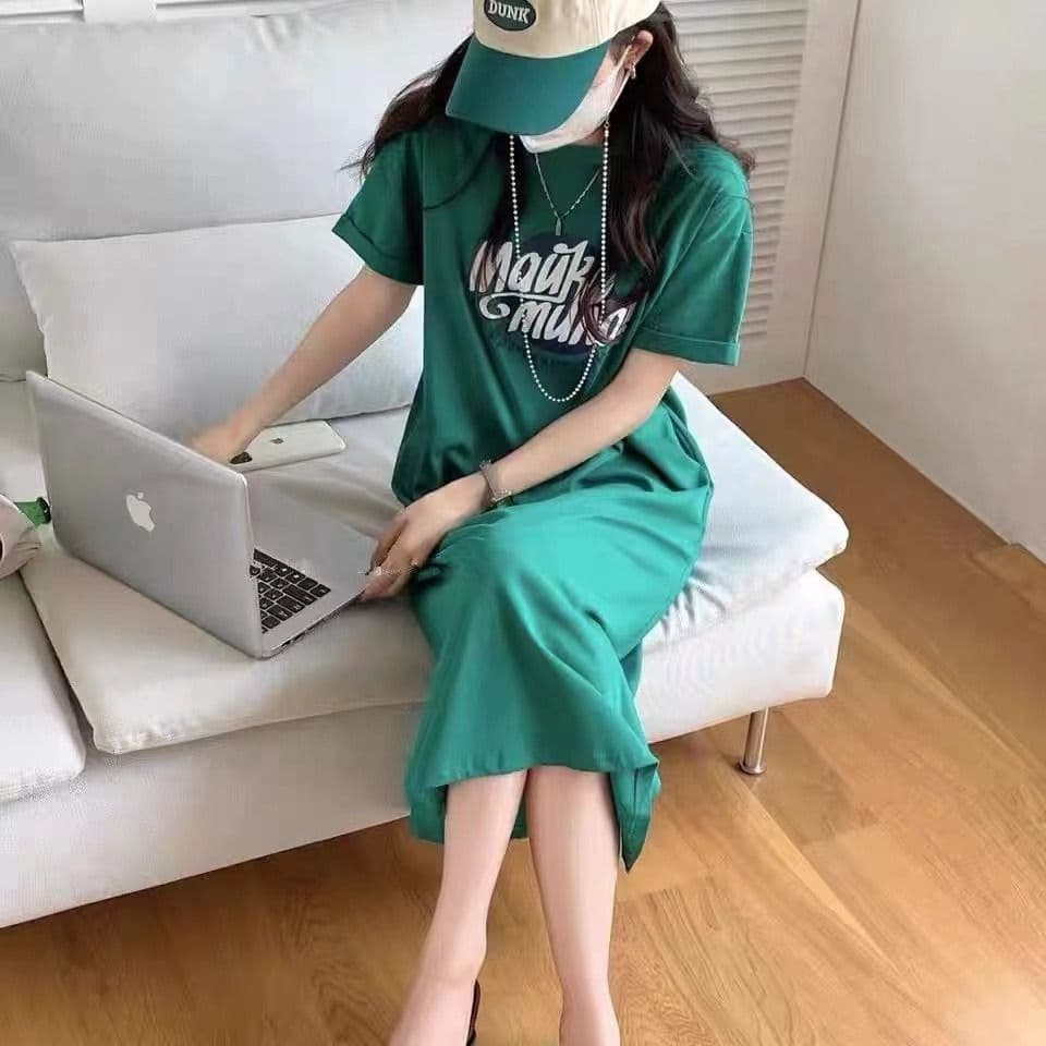 2026 여름 새로운 반팔 티셔츠 여성 롱 코트 무릎 아래 트임 프린트 드레스 패션 여성