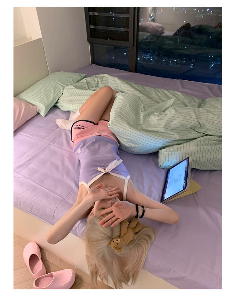 아메리칸 자수 펌프 로프 허리밴드 3 점 바지 여성 핫걸 여름 캐주얼 운동 요가 편안함 반바지 상세 이미지 6