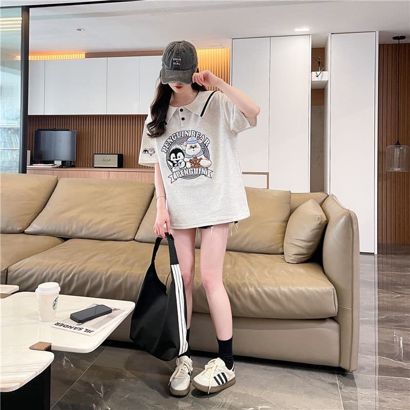 실사 한국 스타일 해군 칼라 반팔 티셔츠 여성 2026 년 새로운 자수 맨위 상세 이미지 14