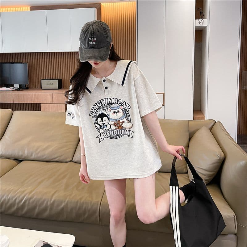 실사 한국 스타일 해군 칼라 반팔 티셔츠 여성 2026 년 새로운 자수 맨위 상세 이미지 15