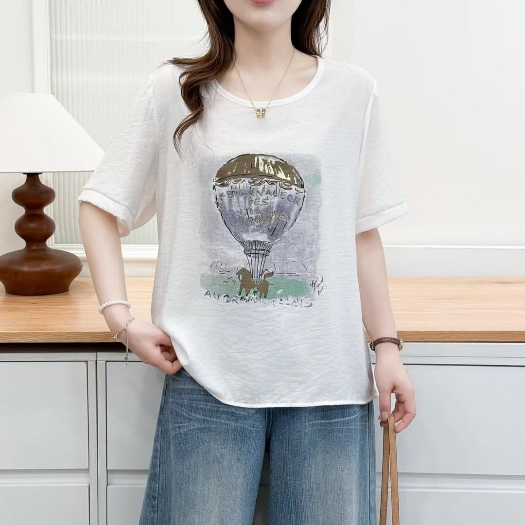 여름 새로운 눈꽃 면 티셔츠 마이크로 지방 빅 사이즈 외국 가스 핫픽스 열기구 프린트 주름 패치워크 여성 레저 티셔츠 상세 이미지 3