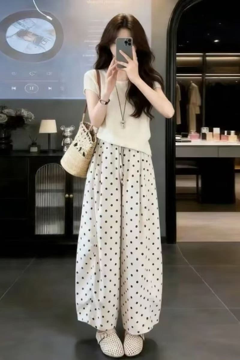 자이언트 잘 생긴 ootd 착용 가져 가라. 전체 집합 2026 새로운 반팔 티셔츠 여성 여름 와이드 레그 팬츠 캐주얼 투피스 슈트 이미지 3