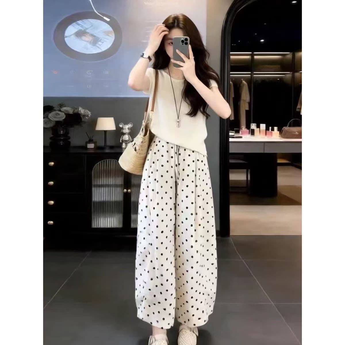 자이언트 잘 생긴 ootd 착용 가져 가라. 전체 집합 2026 새로운 반팔 티셔츠 여성 여름 와이드 레그 팬츠 캐주얼 투피스 슈트 상세 이미지 7