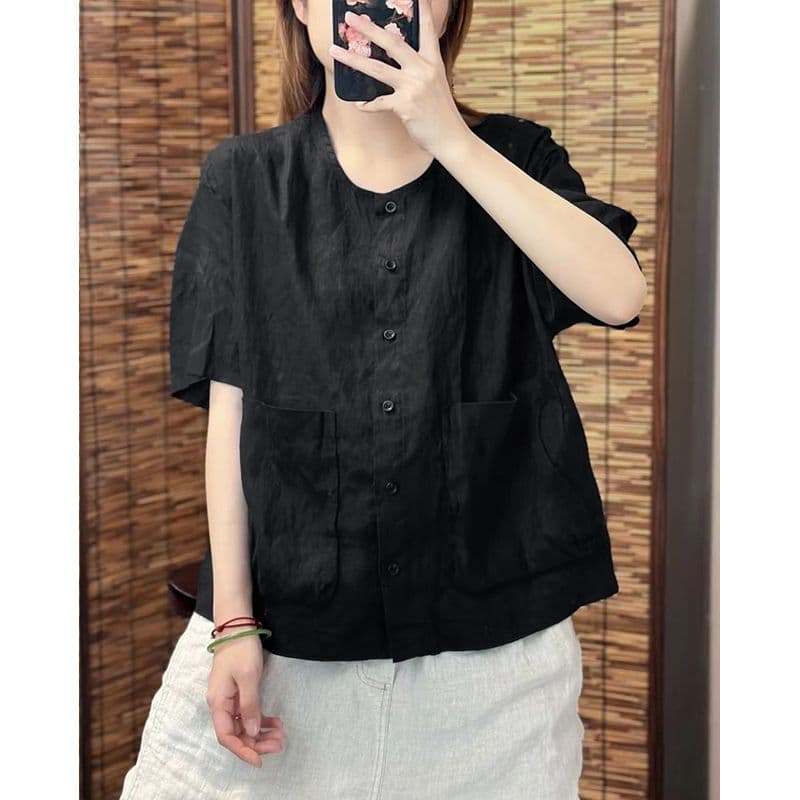 문예 레트로 미니멀리즘 바람 면 린넨 반팔 셔츠 맨위 여름 새로운 주머니 디자인 오픈 가디건 루즈핏 슬림해 보이는 여성 상세 이미지 5