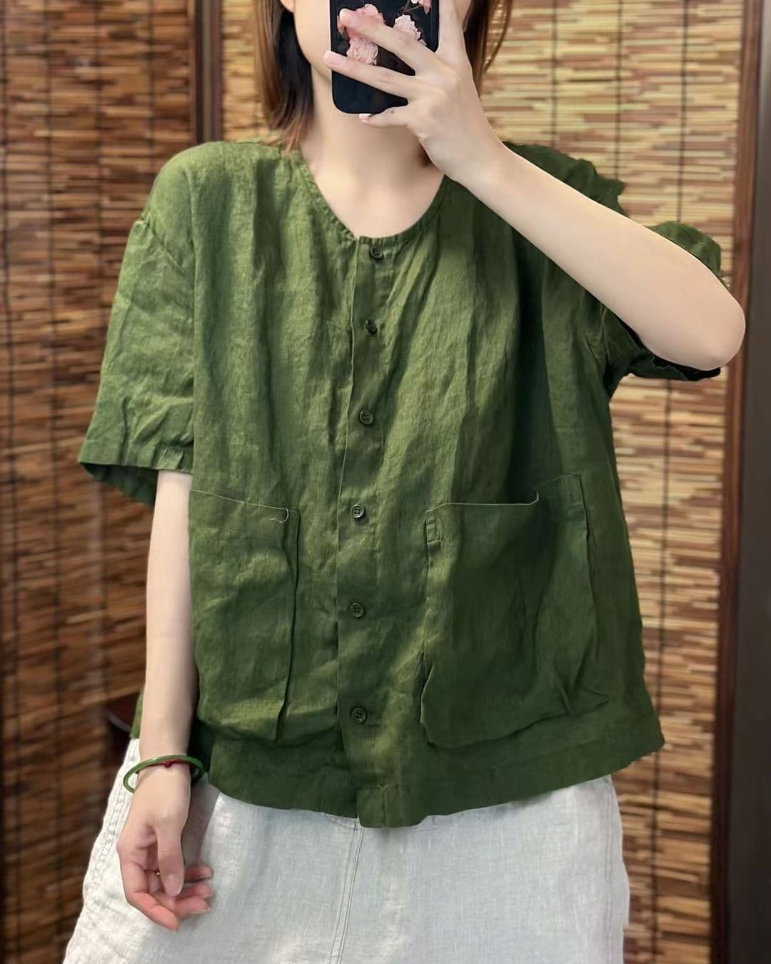 문예 레트로 미니멀리즘 바람 면 린넨 반팔 셔츠 맨위 여름 새로운 주머니 디자인 오픈 가디건 루즈핏 슬림해 보이는 여성 상세 이미지 7