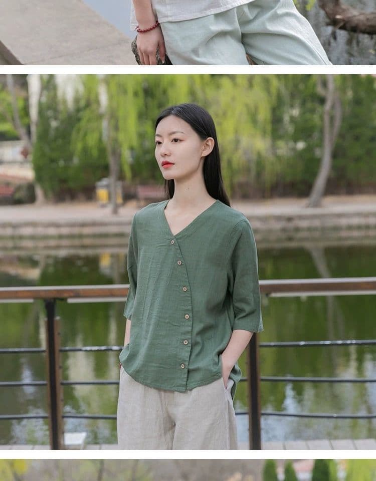 여름 새로운 V넥 다용도 오픈 가디건 루즈핏 슬림해 보이는 여성 문예 레트로 미니멀리즘 바람 면 린넨 반팔 셔츠 맨위 상세 이미지 6