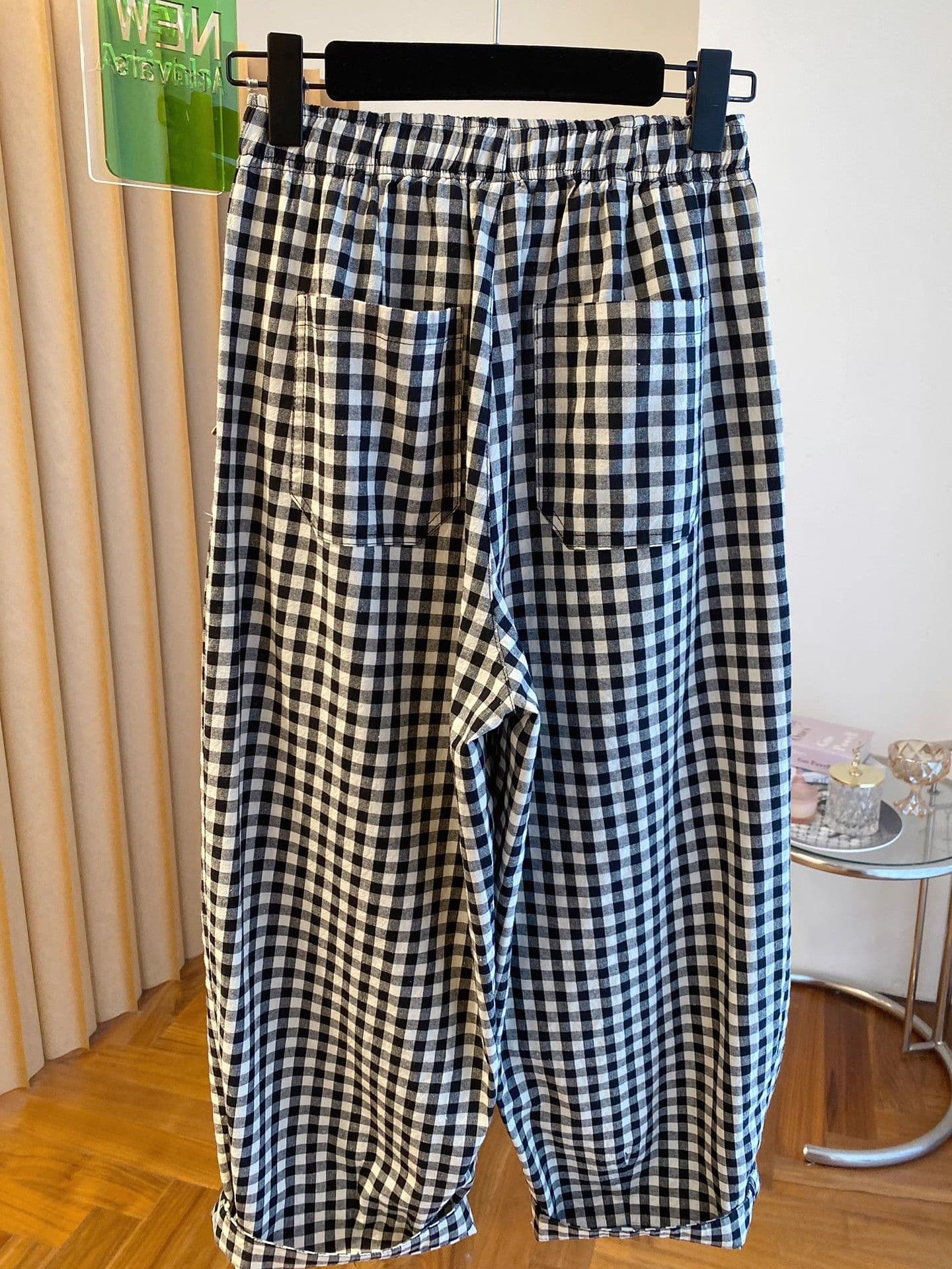 빅 사이즈 여성 의류 300 근 한 부서 체크무늬 루즈핏 캐주얼 바지 여성 여름 다용도 하렘 바지 긴 바지 이미지 4