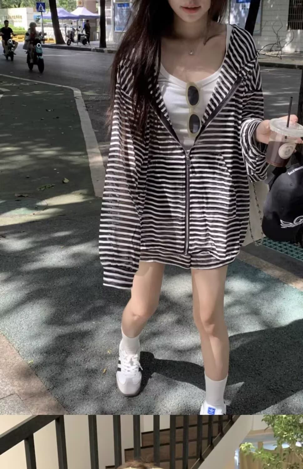 패션 캐주얼 루즈핏 스트라이프 세트 여자 학생 봄 여름 가을 캐미솔 후드 재킷 반바지 3종 세트 상세 이미지 20