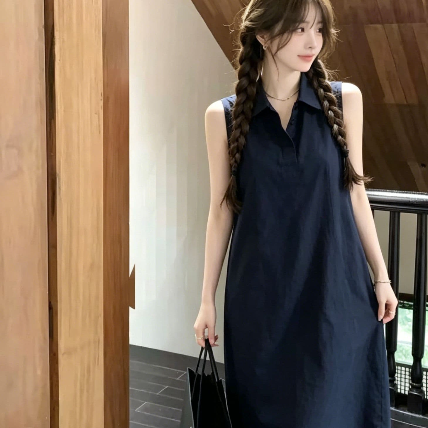 2026 미니멀리즘 폴로 칼라 민소매 여성 드레스 여름 루즈핏 슬림해 보이는 품격 출퇴근 바람 단색 스트레이트 중간 길이 스커트 이미지 2