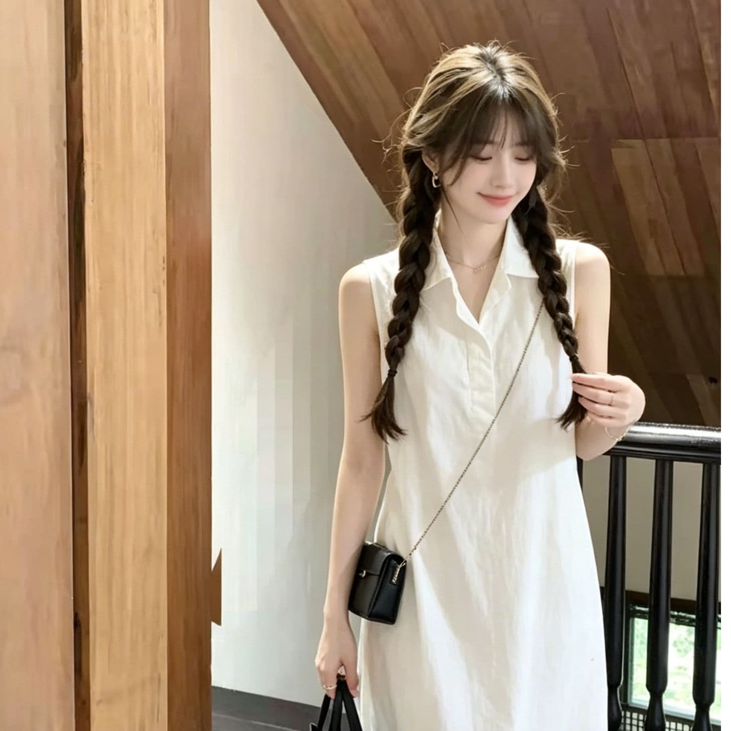 2026 미니멀리즘 폴로 칼라 민소매 여성 드레스 여름 루즈핏 슬림해 보이는 품격 출퇴근 바람 단색 스트레이트 중간 길이 스커트 상세 이미지 3