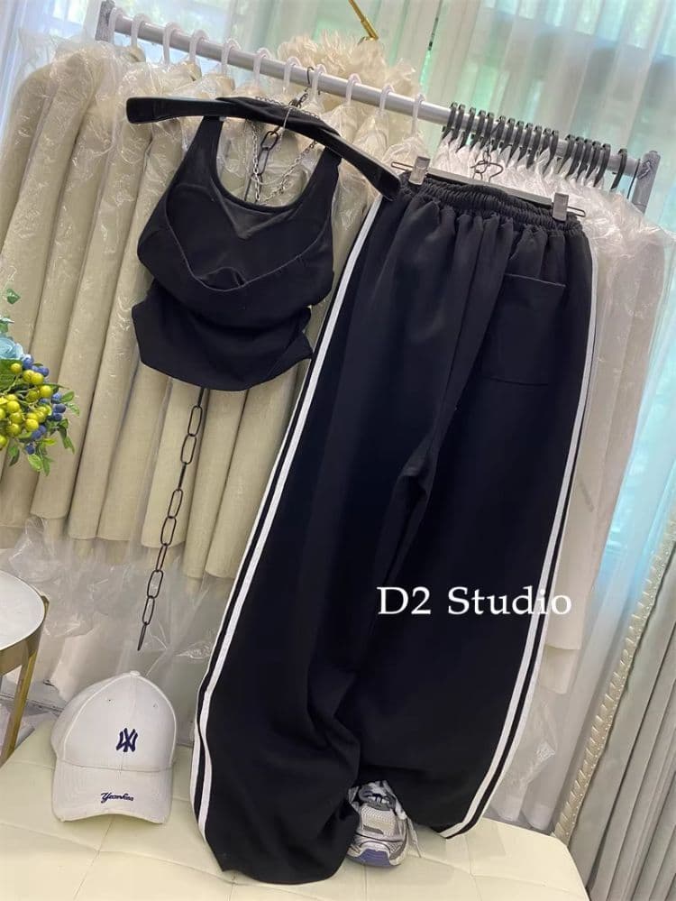 한국 동대문 알파벳 프린트 조끼 맨위 루즈핏 캐주얼 하이웨이스트 측면 싸움 기사 와이드 레그 팬츠 긴 바지 세트 상세 이미지 36