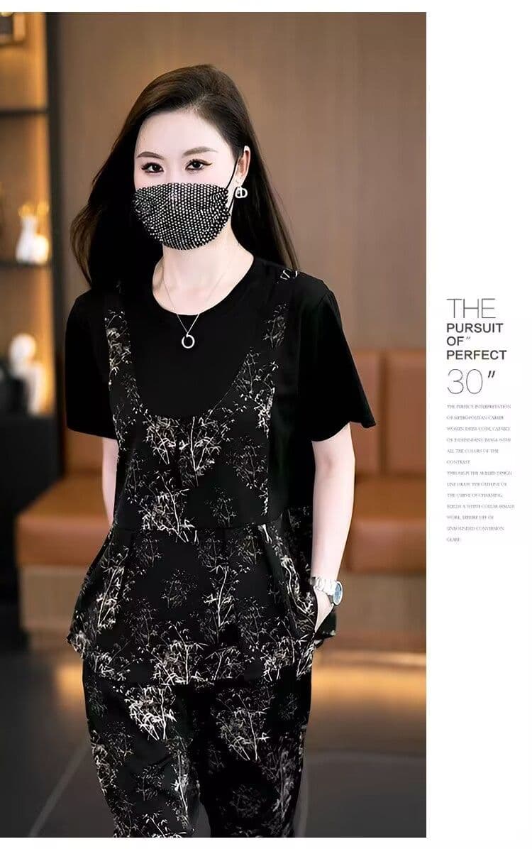 사면 신축 직공 울 패션 세트 여성 여름 새로운 루즈핏 페이크 레이어드 반팔 9부 바지 투피스 세트 상세 이미지 19