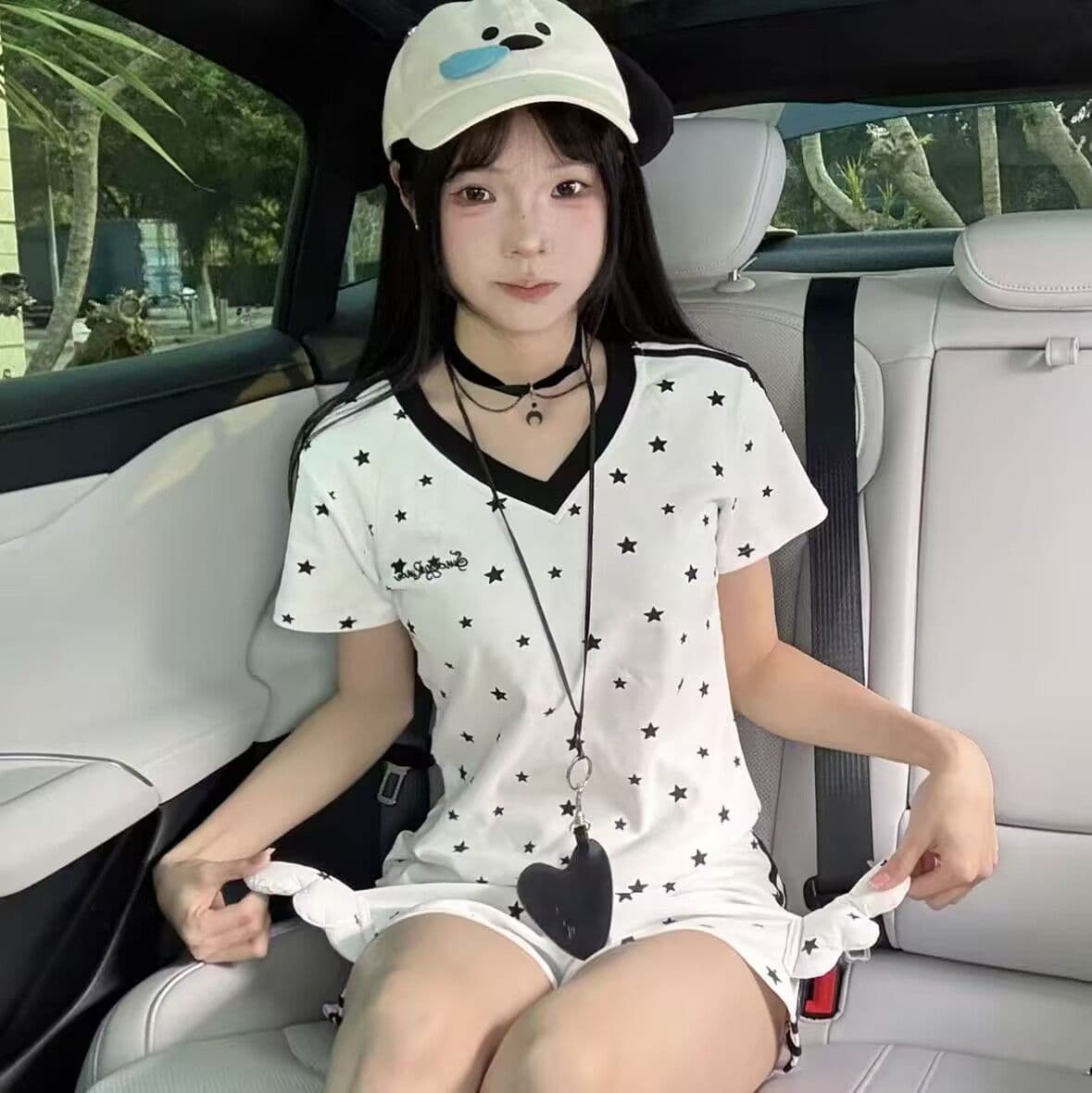 모방 면 1x1 전체 인쇄 별 V넥 반팔 티셔츠 세트 여성 여름 몸매 가꾸기 슬림해 보이는 맨위 반바지 투피스 세트 상세 이미지 7
