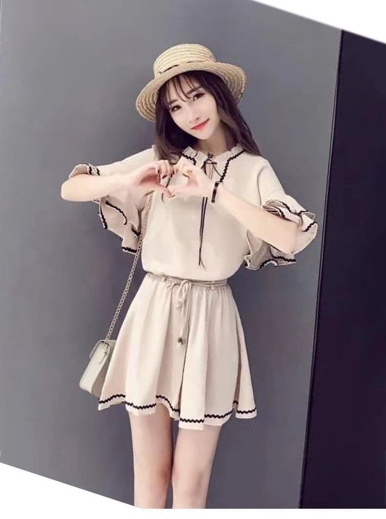 두 조각 새로운 한국 스타일 루즈핏 홍콩 느낌 작은 키 연꽃 잎 소매 맨위 여성 하이웨이스트 넓은 다리가 짧다. 바지 세트 여름 상세 이미지 10