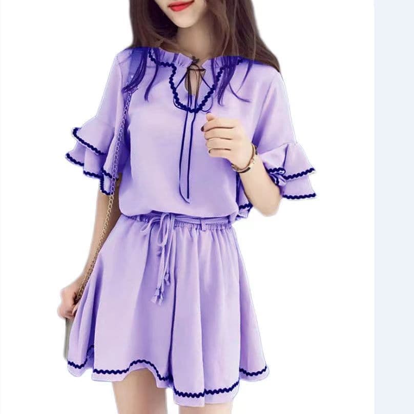 두 조각 새로운 한국 스타일 루즈핏 홍콩 느낌 작은 키 연꽃 잎 소매 맨위 여성 하이웨이스트 넓은 다리가 짧다. 바지 세트 여름 상세 이미지 12