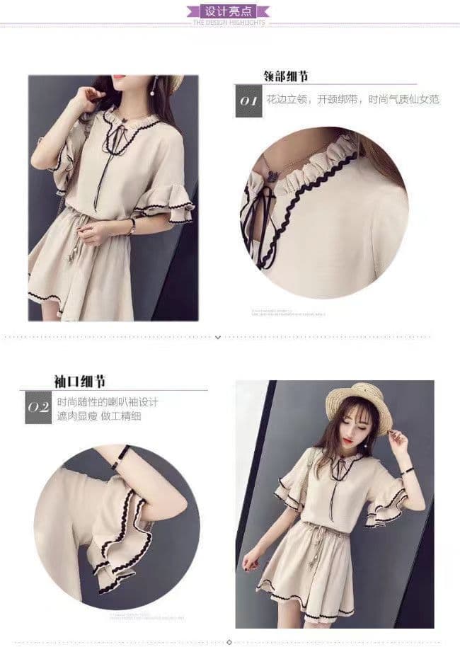 두 조각 새로운 한국 스타일 루즈핏 홍콩 느낌 작은 키 연꽃 잎 소매 맨위 여성 하이웨이스트 넓은 다리가 짧다. 바지 세트 여름 상세 이미지 14