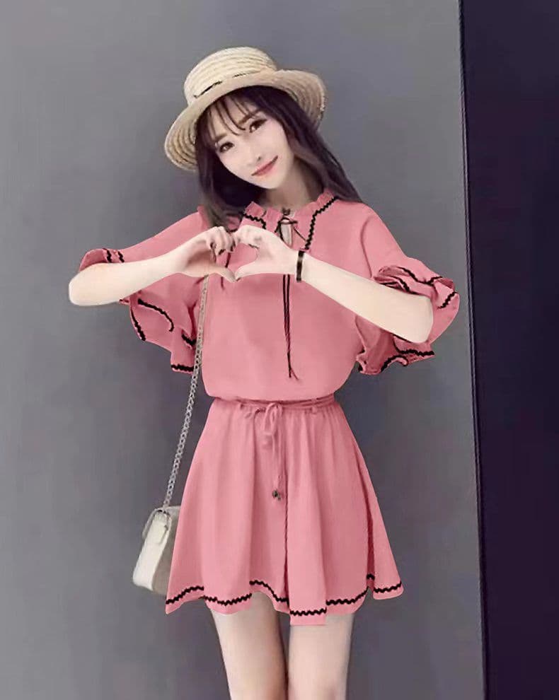 두 조각 새로운 한국 스타일 루즈핏 홍콩 느낌 작은 키 연꽃 잎 소매 맨위 여성 하이웨이스트 넓은 다리가 짧다. 바지 세트 여름 상세 이미지 17
