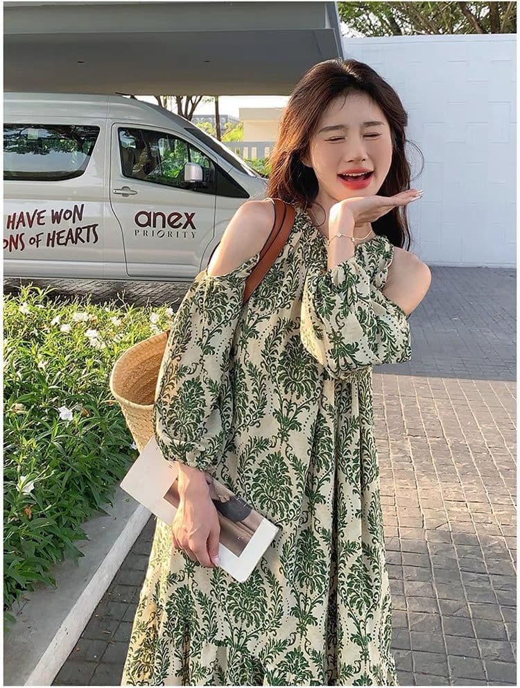 녹색 꽃무늬 오프숄더 여성 드레스 2026 년 여름 새로운 프랑스식 레트로 루즈핏 해변가 휴가 바람 롱 스커트 상세 이미지 7
