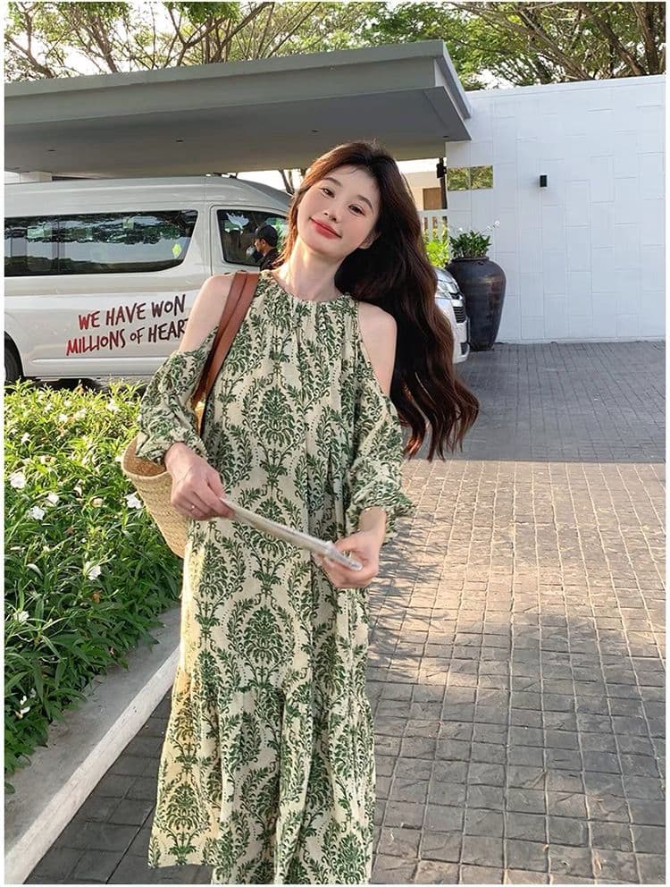 녹색 꽃무늬 오프숄더 여성 드레스 2026 년 여름 새로운 프랑스식 레트로 루즈핏 해변가 휴가 바람 롱 스커트 상세 이미지 12