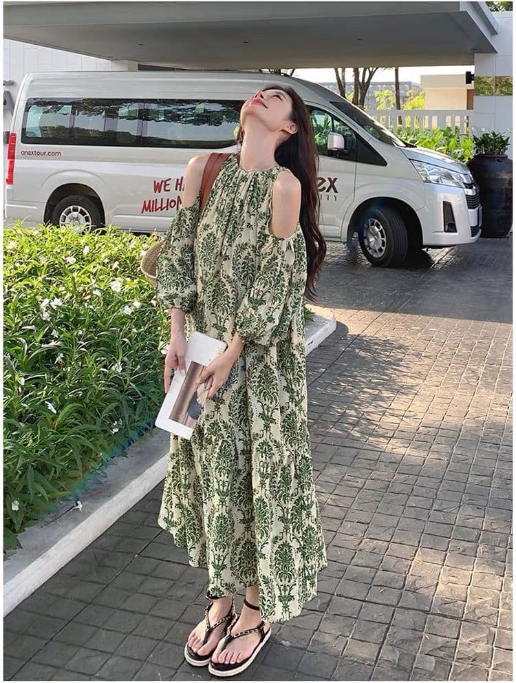 녹색 꽃무늬 오프숄더 여성 드레스 2026 년 여름 새로운 프랑스식 레트로 루즈핏 해변가 휴가 바람 롱 스커트 상세 이미지 13