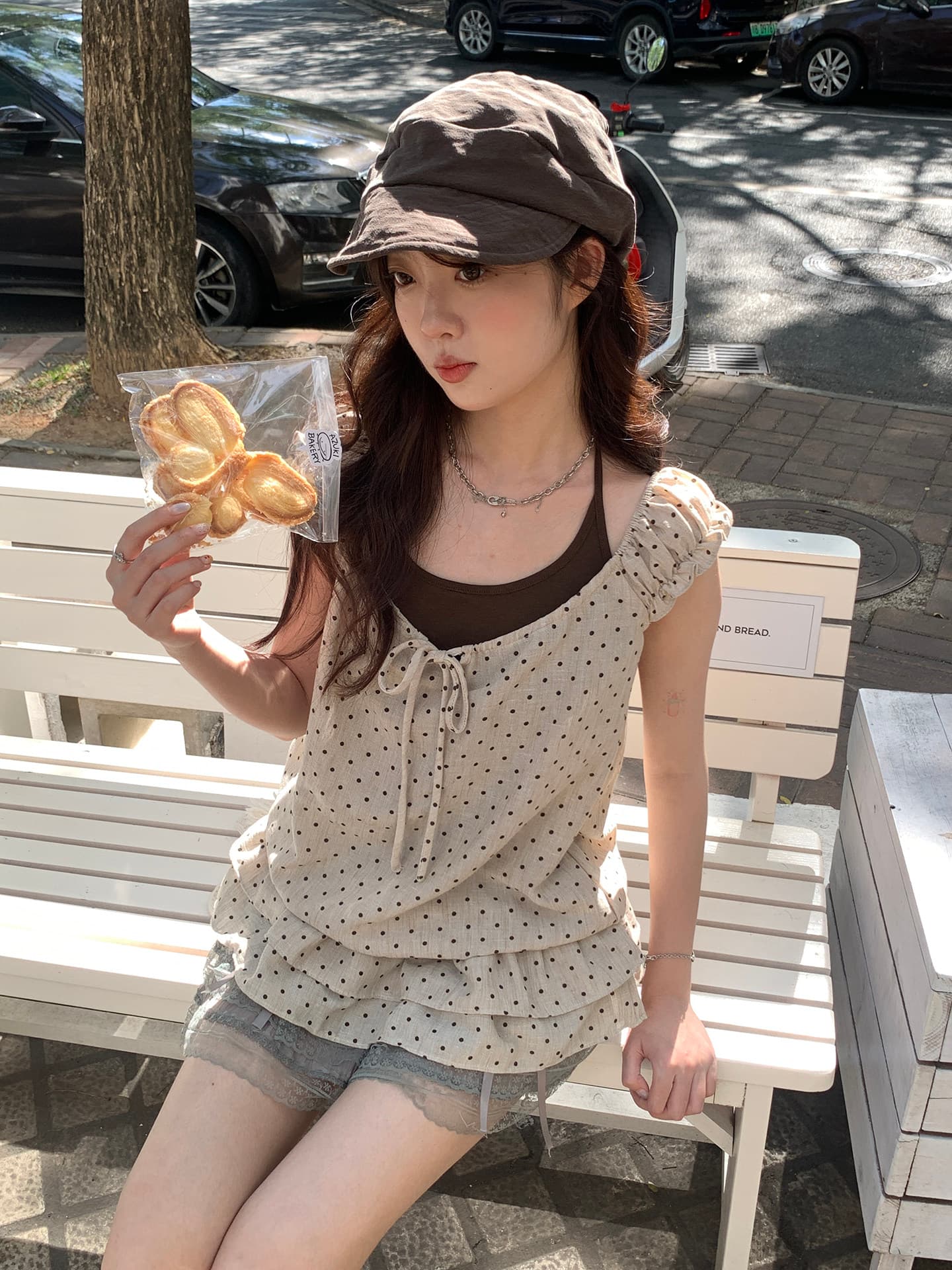 hollyii 한 부서 도트 무늬 행침 목 밑단 프릴 허리 수축 슬림해 보이는 페이크 레이어드 맨위 여성 2026 여름 새로운 상세 이미지 3