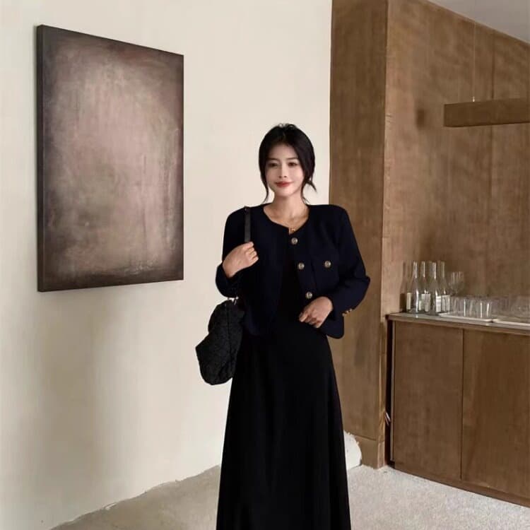 빅 사이즈 패션 세트 여성 가을 작은 샤넬 스타일 긴팔 재킷 지방 mm 검정색 슬립 드레스 슬림해 보이는 투피스 세트 이미지 4
