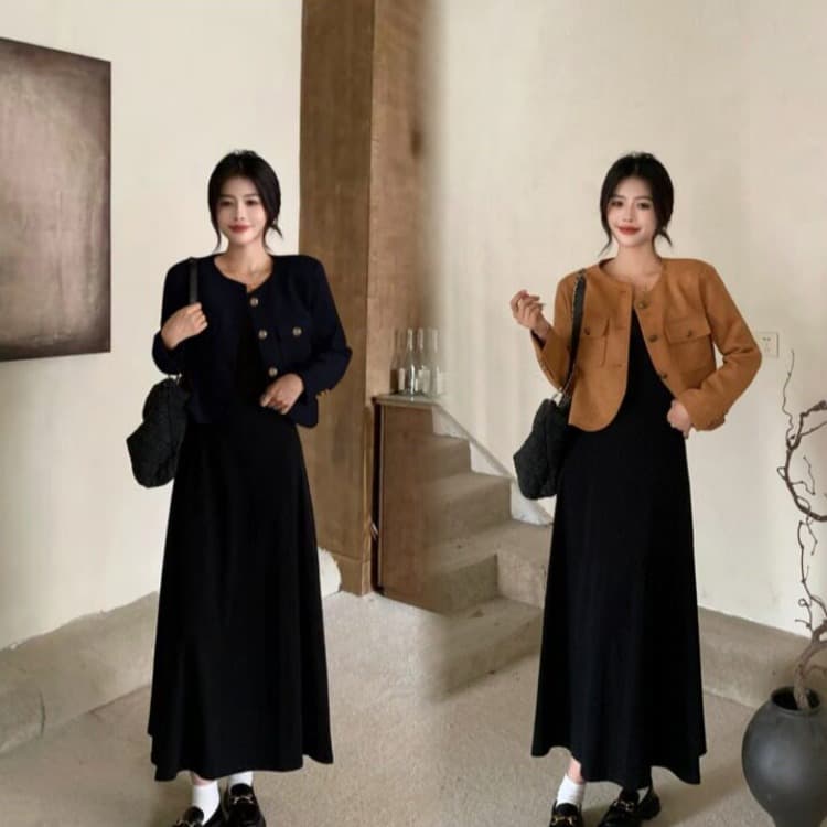 빅 사이즈 패션 세트 여성 가을 작은 샤넬 스타일 긴팔 재킷 지방 mm 검정색 슬립 드레스 슬림해 보이는 투피스 세트