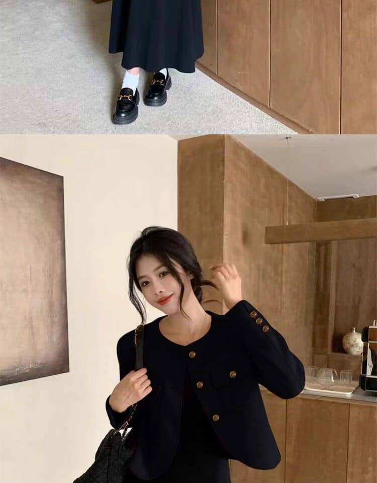 빅 사이즈 패션 세트 여성 가을 작은 샤넬 스타일 긴팔 재킷 지방 mm 검정색 슬립 드레스 슬림해 보이는 투피스 세트 상세 이미지 3