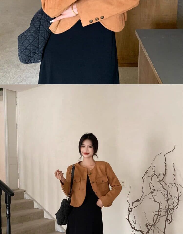 빅 사이즈 패션 세트 여성 가을 작은 샤넬 스타일 긴팔 재킷 지방 mm 검정색 슬립 드레스 슬림해 보이는 투피스 세트 상세 이미지 5