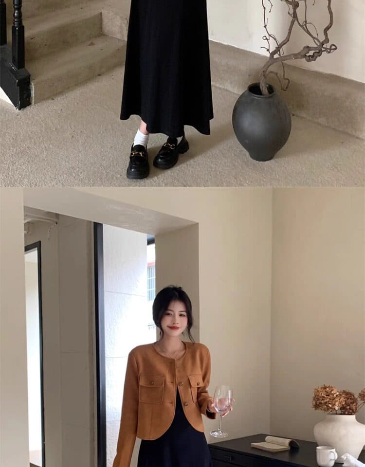 빅 사이즈 패션 세트 여성 가을 작은 샤넬 스타일 긴팔 재킷 지방 mm 검정색 슬립 드레스 슬림해 보이는 투피스 세트 상세 이미지 6