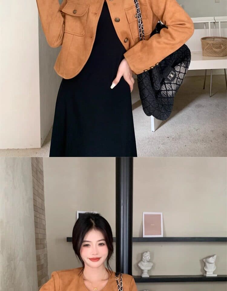 빅 사이즈 패션 세트 여성 가을 작은 샤넬 스타일 긴팔 재킷 지방 mm 검정색 슬립 드레스 슬림해 보이는 투피스 세트 상세 이미지 9